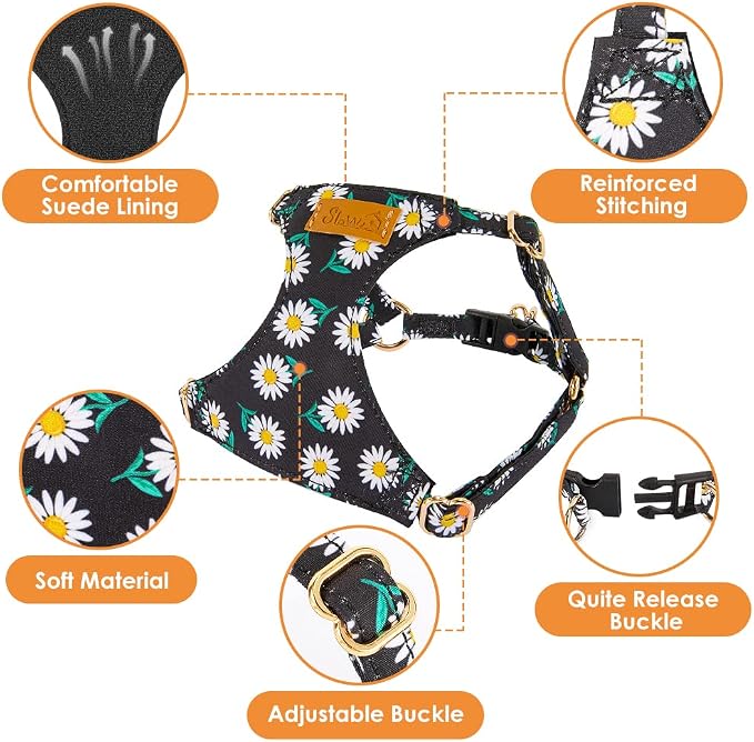 SlowTon No Pull Dog Harness with Leash for Small Medium Dogs, Black S | Floral Pattern, Step-in, Lightweight, Easy Put On and Off, No Choke, Soft Cotton and Suede for Daily Walking - Image 5