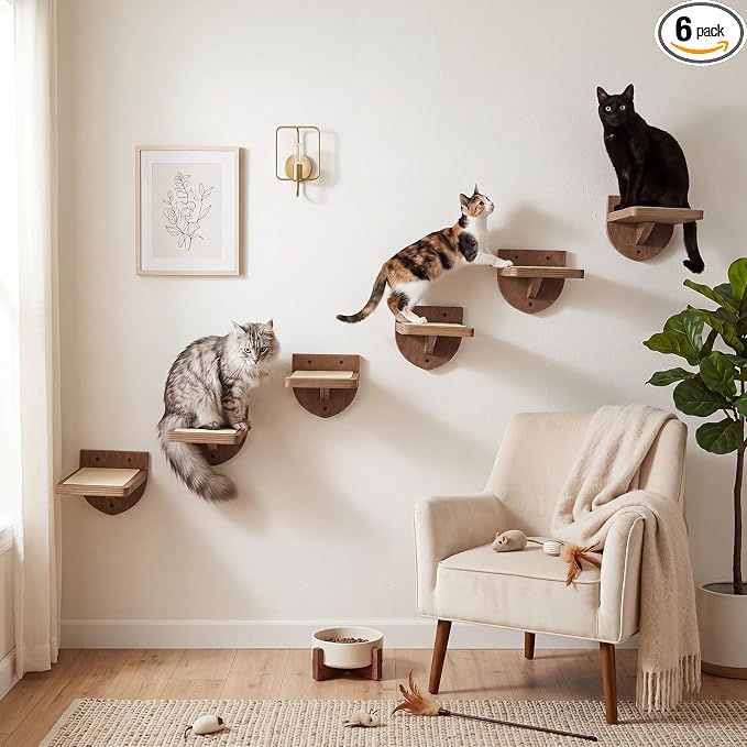 SiliFine Set of 6 Dark Brown Cat Wall Stairs, Climbing Steps, Cat Wall Shelves Perch with Fixtures and Felt 8.7"x4.7" Stairs Natural Birch Wooden | Floating Steps for Playing Climbing by SiliFine