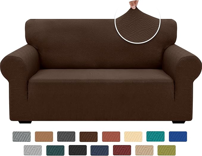 XINEAGE Stretch Jacquard Loveseat Cover, Non Slip Sofa Slipcover for Dog | High-Stretch Fabric. Wear-Resistant, Pet Friendly. Easy Install & Washable for Living Rooms, Offices.Coffee by XINEAGE