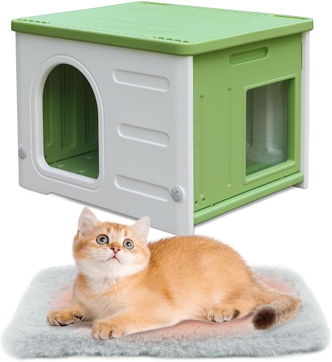Plastic Cat House Outdoor & Indoor, Waterproof Feral Cat Houses with Escape Door, Sturdy Outdoor Cat House with Bed Mat, Outside Cat Shelter for Small Pet, Assemble and Clean Easily-Green - Image 9