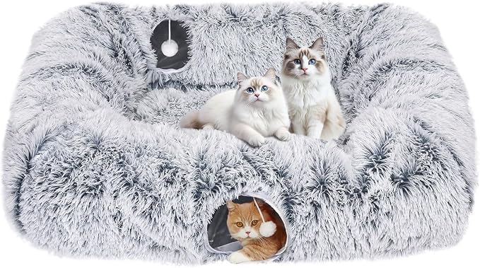 Extra Large Cat Tunnel Bed, 4 Ways Tunnels for Indoor Cats, Multi-cat Family Cat Bed & Cave, Plush Cat Donut with Washable Middle Mat, Exit Balls, Pet Play Toy for Kitten Puppy Rabbit, Grey by Tidjani