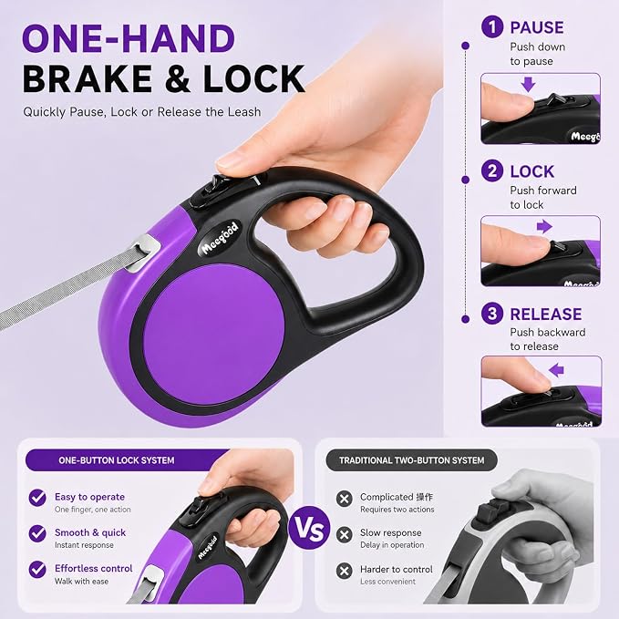 Heavy Duty Retractable Dog Leash-16ft Strong & Durable Walking Leash for S to L Dogs up to 45/115 lbs, Upgraded Lock System, Non Slip Grip, Tangle Free (Purple, Medium-Large Sized) - Image 4