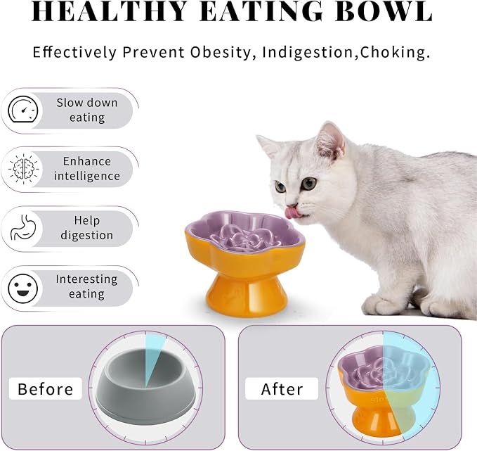 S&Q's Ceramics Raised Slow Feeder Cat Bowl, Ceramic Elevated Food Bowl Small Dogs Slow Feeder, Flower Shaped Cute Pet Dish for Dry and Wet Food (Purple, 5.8") - Image 3