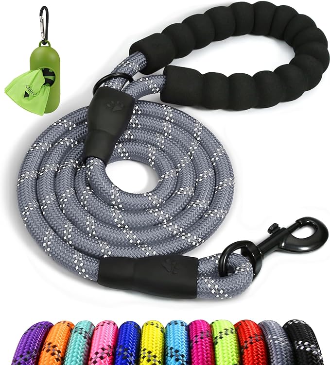 Taglory Rope Dog Leash for Medium Large Dogs, 4 FT Padded Handle, Grey | Climbing Rope for Strong Pullers, Reflective for Night Walks and Training, Comfortable Grip, Anti-tangle Swivel Clip 1/2 inch by Taglory