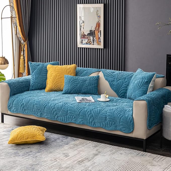 Couch Covers Plush Quilted Sofa Covers for Sectional Sofa Washable | Palm Leaves Couch Cover Chenille Non Slip Sofa Covers Soft Sofa Slipcover Furniture Protector for Pets Kids Children Dogs Cat - Image 3