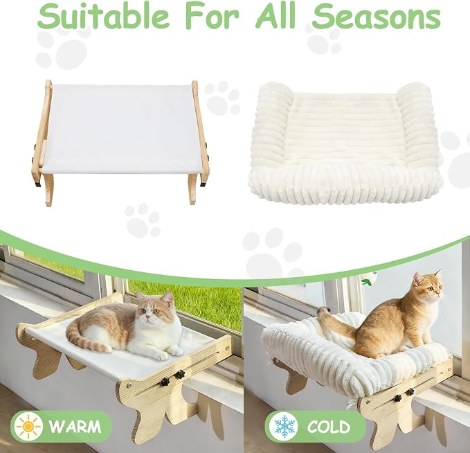 Large Wooden Velvet Cat Window Perch Bed, White | Sturdy Wooden Frame, Removable Machine Washable Cover, Window Sill Hanging, All Seasons Comfort - Image 4