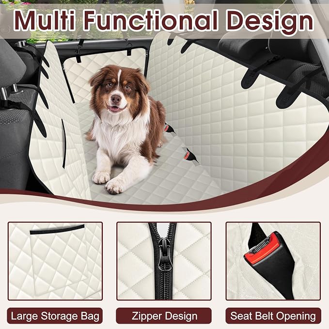 NECKORY Waterproof Dog Car Seat Cover for Back Seat - Durable, Scratch Proof Pet Hammock with Nonslip Design & Storage Pockets, Fits Cars, SUVs, Trucks - L, Beige/Black - Image 3