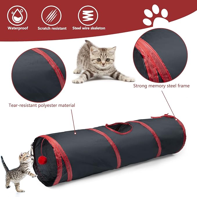 Sheldamy Cat Tunnel, 2-Way Collapsible Play Tunnel, Interactive Toy Maze for Small Animals, Red & Black - Image 3