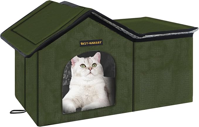 Outdoor Cat House for Feral Cats,Weatherproof & Insulated | Self-warming & waterproof insulated, with mat and canopy, sturdy support, easy assembly, winter shelter for feral cats, green by Rest-Eazzzy
