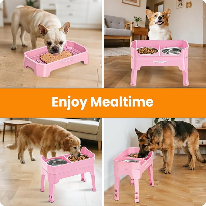 URPOWER Elevated Dog Bowls, 3-in-1 Double Deck Raised Dog Bowl Stand | 4 Height Adjustable Raised Stand with 2 Stainless Steel Food Bowls & Licking Plate for Small, Medium & Large Dogs - Image 7