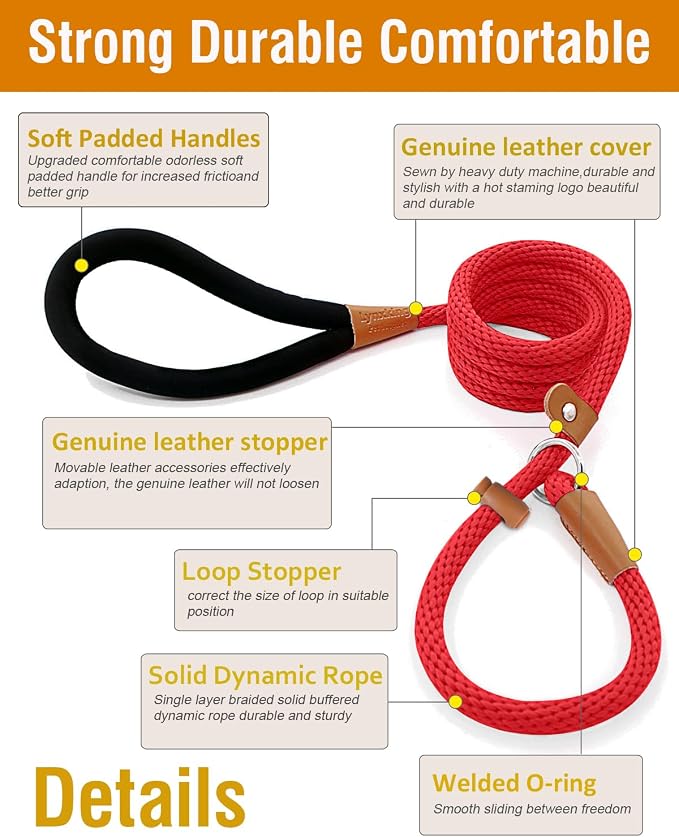 Dog Leash Slip Lead Braided Rope Pet Training Loop Leashes 5ft 6ft 8ft | Lynxking Strong Heavy Duty 1/2" 3/8", Durable Padded Handle No Pull Basic Training Nylon Lead,Small Medium Large Dogs Puppy - Image 2