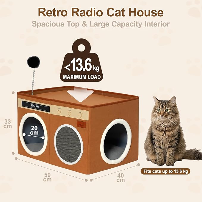 Retro Radio Cat House, Large Foldable Cat Bed Indoor Cat Cave | Spacious Multi-Cat Sleeping Hideaway Pet Nest, Non-Sticky Fur Fabric, Scratch Pad & Bendable Antenna Ball 13×19.7×15.8 Inches - Image 8