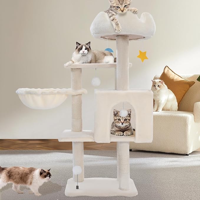 Cat Tree Tower with Hammock,40"Cat Trees for Indoor Cats Large Adult(White) | Modern Cat Tree Tower with Scratching Post, Cats Condo Furniture with Cloud Top Perch, Cats Climbing Tower for Kittens - Image 9
