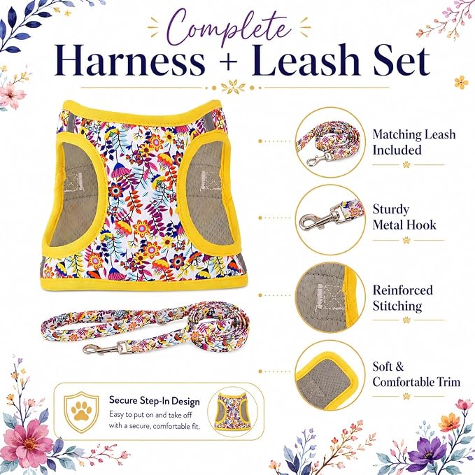 Step in Dog Harness Leash Set- All Weather Reflective No-Pull Floral Pattern Padded Mesh Vest Harness for Cats Puppy Extra-Small Small Medium Large Dogs - White Flower - XL - Image 3