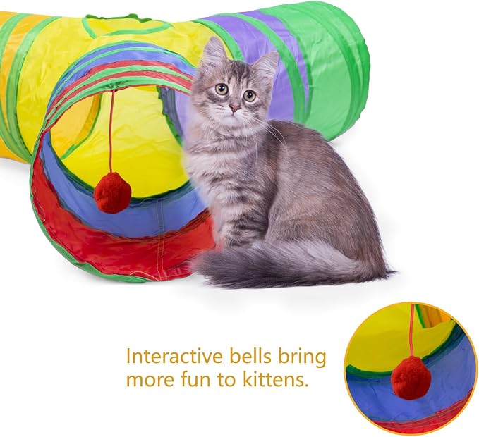 3 Way Cat Tunnel Collapsible Fun Pet Play Tube Toys for Cats, Kittens, Puppies & Rabbits - Portable Tunnel with Hanging Ball for Indoor Play, Hideout & Exercise - Image 6