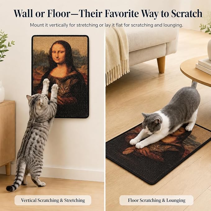 Art Sisal Cat Scratcher Mat, Cat Wall Scratchers for Indoor Cats | Wall Mounted Cat Scratcher, Natural Sisal, No-Drill Hook & Loop Setup, Floor or Wall Use, 23.6 x 15.7 Inch, Mona Lisa - Image 7
