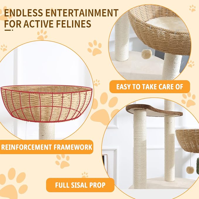 52" Modern Cat Tree Tower for Large Cats, 3Cat Nests Manual Hand Woven Multilevel Huge Paws Pals Cat Tree, Wood Cat Tower, Cat Scratching Tree, Cat Condo, Cat Lover Gift - Image 5