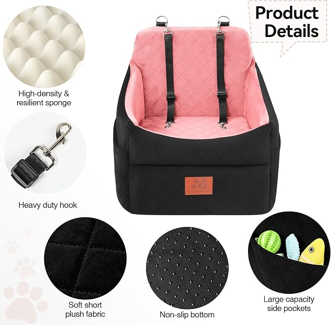 GL GLENSLAVE Dog Car Seat for Small/Medium Dogs, Dog Booster Car Seats with Thick Cushion for Dogs Under 35 lbs, Detachable Washable Pet Carseat with Storage Pockets, 2 Safety Belts(Black/Pink) - Image 5