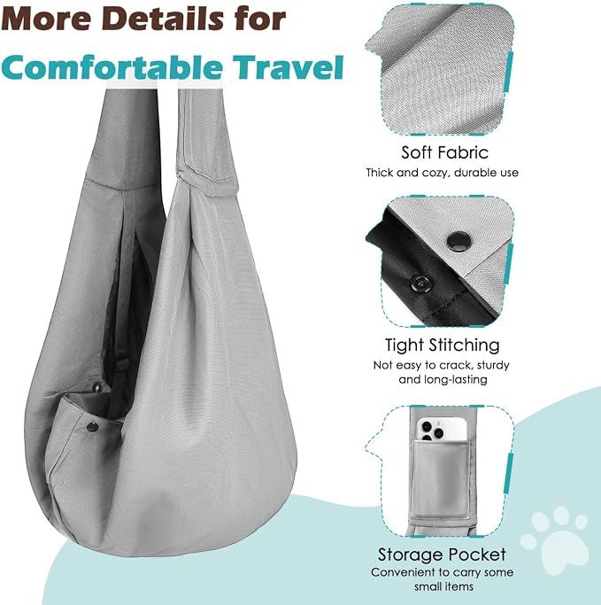 Pawaboo Small Dog Sling Carrier | Reversible Puppy Small Pet Carrier,Hands Free,Safety Buckle,Storage Pocket for Travel,Outdoor Activities Light Gray - Image 6