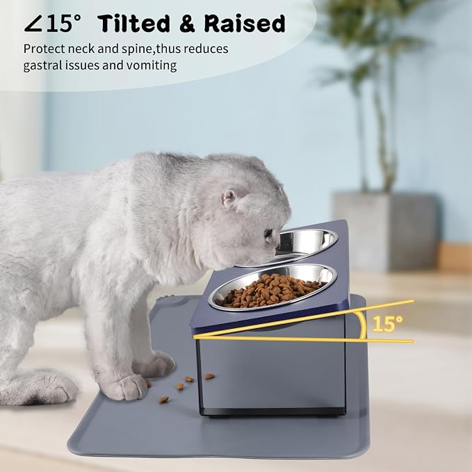 Summark Upgraded Elevated Cat Bowls with Food Mat,15°Tilted Stand Anti Vomiting Raised Cat Dishes for Food and Water,2 Stainless Steel Bowls for Cats and Puppies（Navy Blue） - Image 4