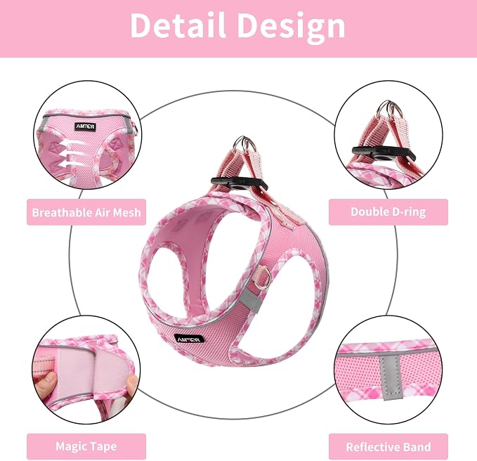 AMTOR Small Dog Harness with Leash Set, No Escape Easy Walk Puppy Harnesses for Training Walking, Step-in Reflective Soft Dogs Vest for XS S Medium Extra-Small Large Sized Dog(Pink/White,XL) - Image 2
