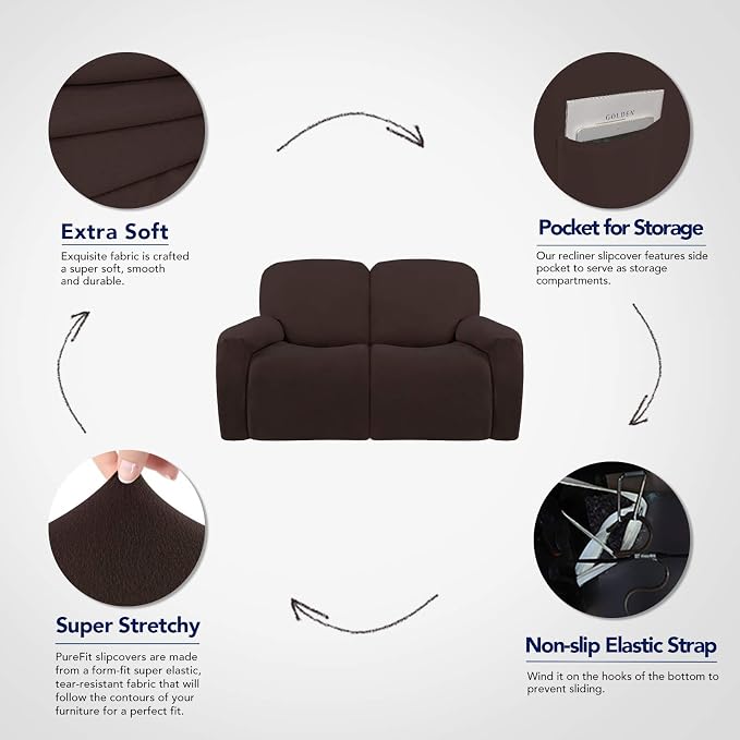 PureFit Super Stretch Loveseat Recliner Sofa Couch Cover with Pocket | 2 Seats Non Slip Soft Sofa Slipcover, Washable Reclining Furniture Protector for Pets (Recliner Loveseat, Chocolate) - Image 3