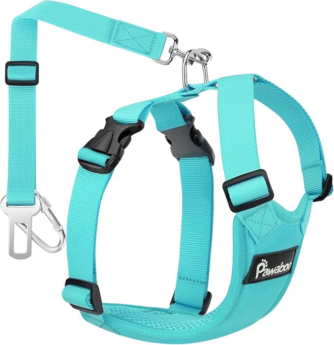 Pawaboo Dog Car Harness, Adjustable Dog Safety Vest Harness with Seat Belt | Breathable Pet Vest & Dogs Safety Tether with Elastic Bungee for Small Medium Large Pet, XL, Blue by Pawaboo