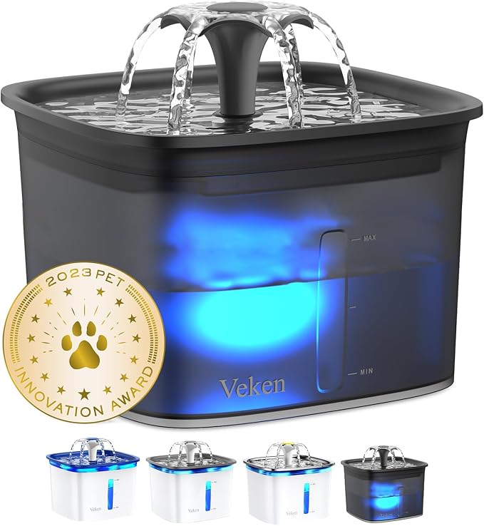 Veken Innovation Award Winner 95oz/2.8L Cat Water Fountain | Automatic Pet Fountain Dog Water Dispenser with Replacement Filters & Silicone Mat for Cats, Dogs (Space Black, Plastic) by Veken