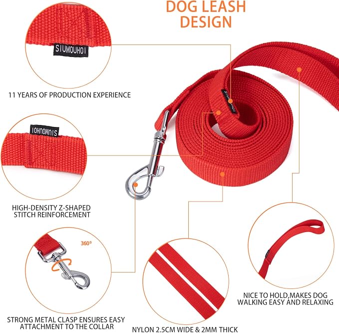 Strong Durable Nylon Dog Training Leash, 1 Inch Wide Traction Rope, 6 ft 10ft 15ft Long, for Small and Medium Dog (Red, 10 Feet) - Image 3