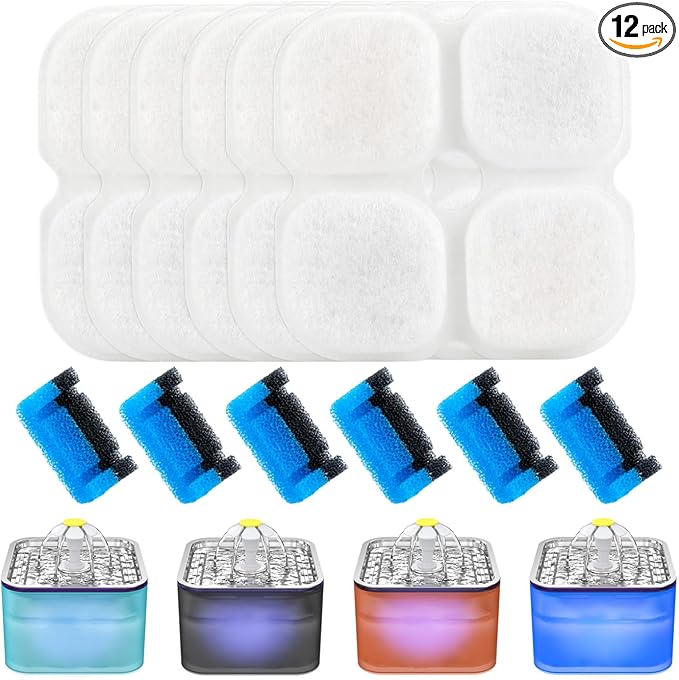 Wonder Creature Crystal Cat Water Fountain Filter, 6 Filters + 6 Sponges | Replacement Filters for 3L/101oz Crystal Cat Water Fountain, Multi-Layer Filtration Captures Hair, Debris and Impurities by WonderCreature