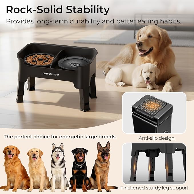 URPOWER Mess Proof Elevated Dog Bowls 4 Height Adjustable Raised Stand | No Spill Water Bowl, Slow Feeder Dog Bowls, Non-Slip Food and Water Bowl Set for Small, Medium & Large Dogs - Image 7
