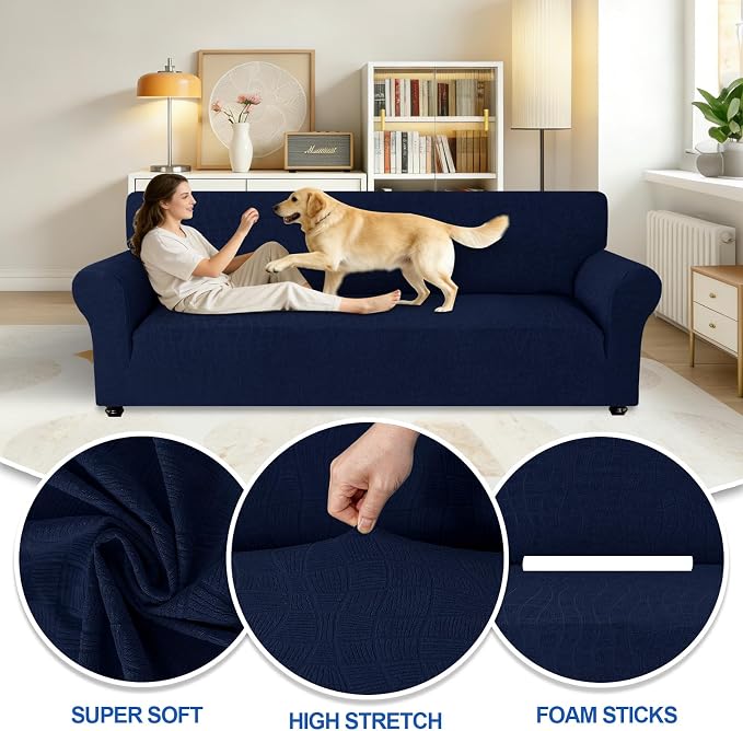 MAXIJIN Waterproof Oversized Couch Cover 4 Seater, 1 Piece Stretch Extra Large Sofa Covers with Non-Slip Elastic Bottom, Washable Furniture Protector for Dogs Pets (X-Large, Navy Blue) - Image 2