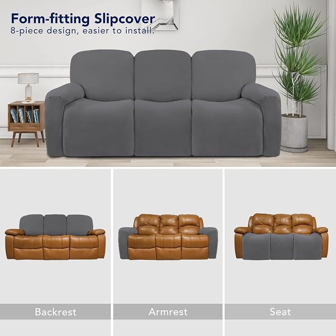 PureFit Super Stretch 3 Seats Recliner Sofa Couch Cover with Pocket | Non Slip Soft Sofa Slipcover, Washable Spandex Reclining Furniture Protector for Kids, Pets (Recliner Sofa, Gray) - Image 4