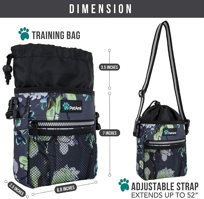 PetAmi Dog Treat Pouch, Pet Treat Pouch for Training, Dog Walking Bag Holder for Kibbles, Pet Food Toy, Dog Trainer Essentials Supplies, Poop Bag Dispenser, 3 Ways to Wear (Floral Grey) - Image 6