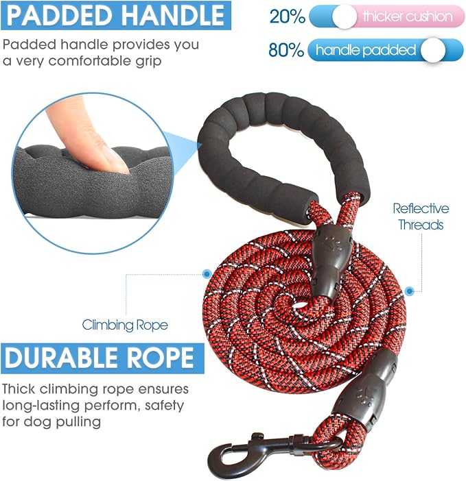 2/4/5/6 FT Dog Leash with Comfortable Padded Handle and Highly Reflective Threads for Small Medium and Large Dogs (5FT-1/2'', Black Red) - Image 2