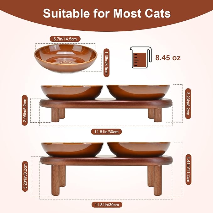 SPUNKYJUNKY Extra Wide Elevated Ceramic Cat Bowl with Acacia Wood Stand Whisker Friendly (Cat Paw Pattern, Brown) - Image 2