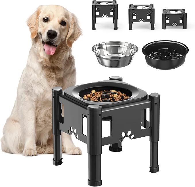 Lewondr Elevated Slow Feeder Dog Bowls with 3 Heights Adjustable Stand | Stainless Steel & Slow Feeder Bowls, Adjustable Dog Slow Feeder Bowl Non-Slip Dog Bowl Stand for Medium Large Breed by Lewondr