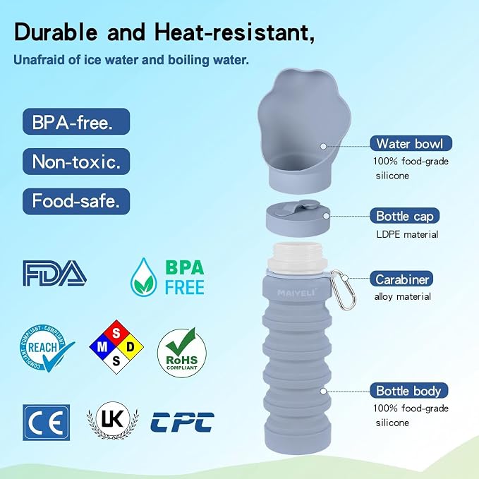 Dog Water Bottle Collapsible & Portable Squeeze, 9oz-17oz Water Dispenser & Folding Bowl,5 Levels Capacity in 1,Carabiner Clip,100% Food-Grade Silicone, Outdoor Walking,Hiking,Travel | Five adjustable capacities, leak-proof design, and BPA-free silicon... - Image 7