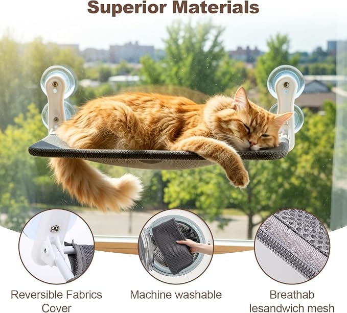Renter Friendly Cat Shelves, Cat Window Perch Hammock Bed with 4 Suction Cups, Cordless Foldable Metal Frame & Reversible Cover, Indoor Window Hammock - Image 5