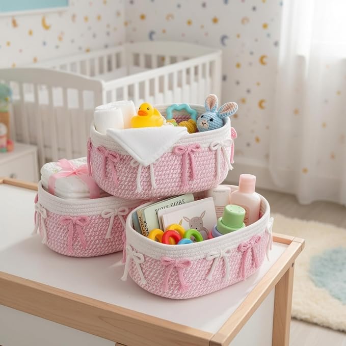 Geelin 3 Pcs Pink Basket for Gifts, Bow Woven Rope Storage Organizer Bins | Coquette Bow Tassels Design, Woven Rope Material, Organizer for Nursery Toys Laundry Hamper Shelf Decor, 11.8"x7.8"x4.7" - Image 2