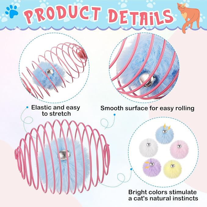 Jecery 5 Pcs Cat Toys Spring,Pom-pom with Bell,Multicolor | Interactive Metal Cat Toy, Stretchable Rolling Ball, for Indoor Cats, Colorful Playful Coils, Kitten Pet Supplies - Image 3