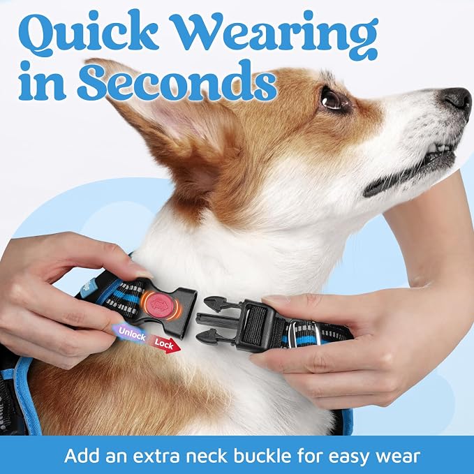 rabbitgoo Dog Harness Medium Sized, No Pull 3 Buckles Easy On & Off | Soft Padded, Walking with Control Handle, Adjustable and Reflective, Black & Blue, Medium - Image 2