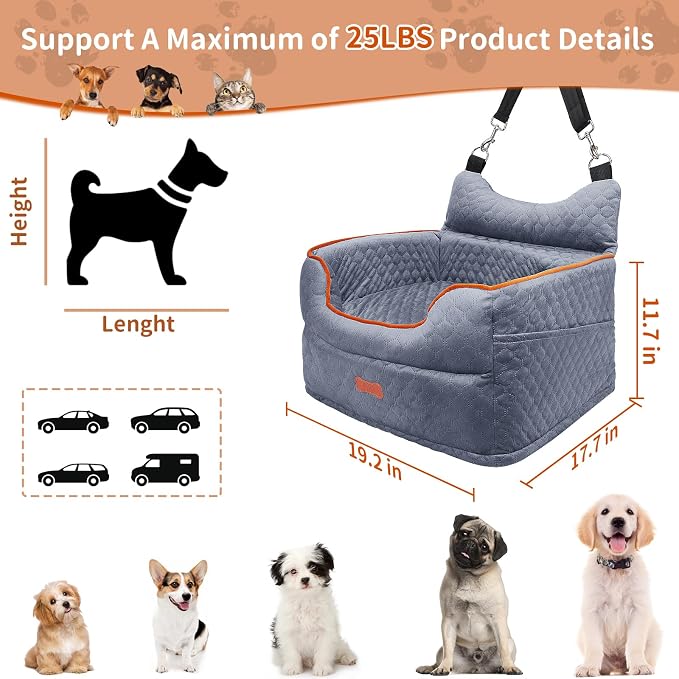 Dog Car Seat for Small Dogs Up to 25 lbs with 6-Inch Memory Foam Cushion | Elevated Booster Seat with Safety Belts, Storage Pockets and Removable Washable Cover for Front or Back Seats, Grey - Image 3