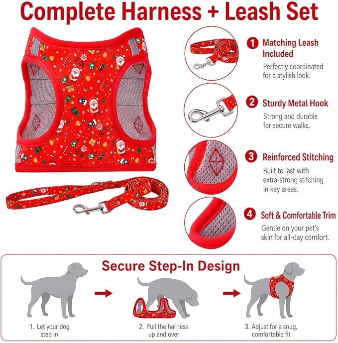 Step in Christmas Xmas Day Dog Harness Leash Set- All Weather Reflective No-Pull Floral Pattern Padded Mesh Vest Harness for Cats Puppy Extra-Small Small Medium Large Dogs - XS - Image 6