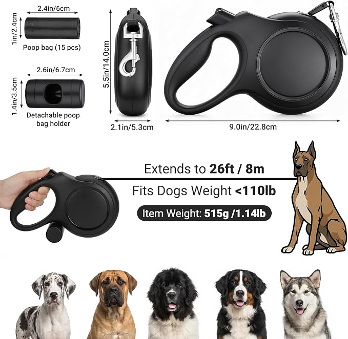 Segarty 26 Ft Walking Lead with Poop Bag Holder for Dogs 66 lbs - 110 lbs, 360°Tangle-Free Leash with Anti-Slip Handle & One-Handed Brake Pause Lock, 8m Retractable Leash for Dog Pets Outside Activity - Image 2