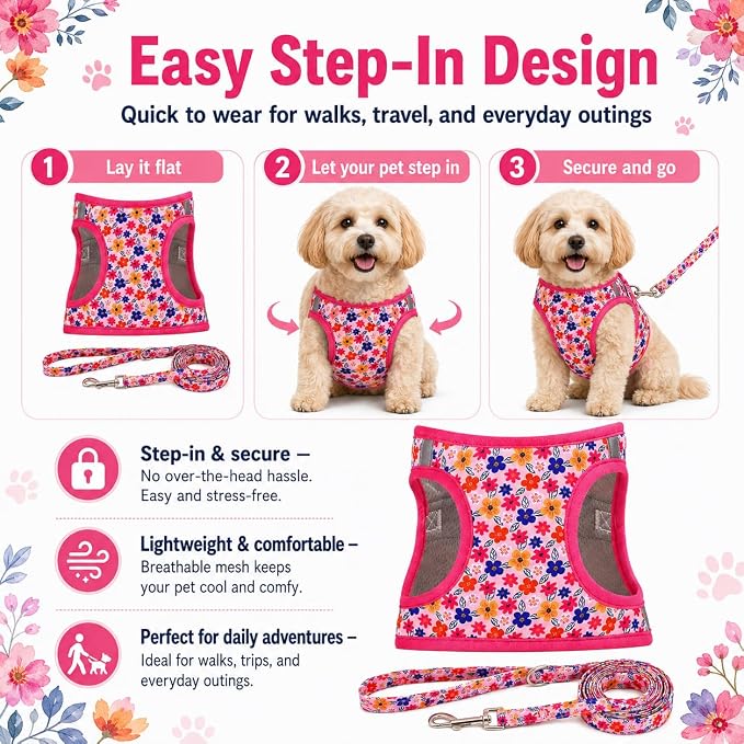 Step in Dog Harness Leash Set- All Weather Reflective No-Pull Floral Pattern Padded Mesh Vest Harness for Cats Puppy Extra-Small Small Medium Large Dogs - Romantic Sakura - S - Image 3