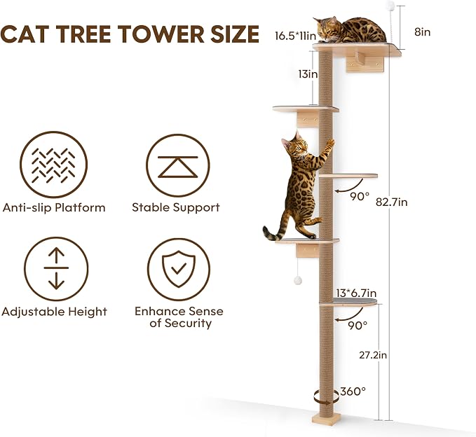 Floor to Ceiling Cat Tree for Kittens, 5-Tier Wall Mounted Cat Wall Shelves with Grey Felt Pads, Adjustable Wild Simulation Cat Tower, Natural Pine Wood Platforms for Climb, Scratch and Lookout - Image 2