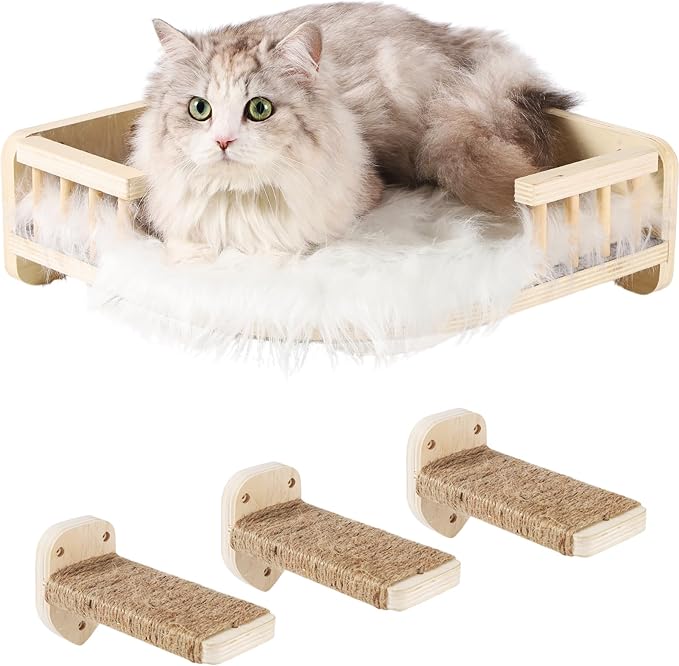 Cat Wall Shelves with 3 Steps Scratch Post, Climbing Shelf and Hammock for Indoor Cats (Wood) by CoolEx