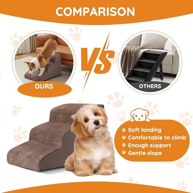 Dog Stairs for Small Dogs 15.7" H, Dog Ramp for Bed, 3-Step, Coffee | Dog Steps for Bed, Couch, Pet Stairs with Non-Slip Bottom Design, Cat Scratching,High Density Foam Portable Pet Steps, Indoor - Image 4