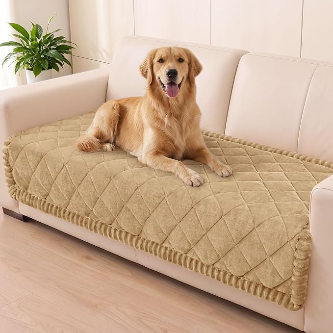 Smiry Non Slip Couch Cover for Dogs, Fuzzy Plush Pet Sofa Protector | Washable Furniture Cover for Large Dogs & Cats, Scratch & Dirt Resistant, For 2 Cushion Couch, Camel, 35.4"x63" by Smiry